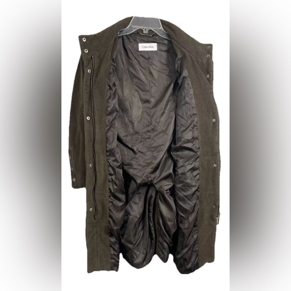 Calvin Klein Angora Wool Blend Trench Coat Olive Green Sz L Mob Wife Mock Neck - Picture 11 of 14